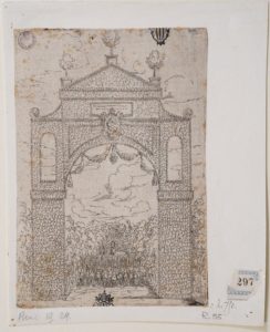 Arco trionfale con fogliame e arrivo di una truppa (da Descrittione degli apparati fatti in Bologna per la venuta di n. s. papa Clemente VIII, Bologna, Benacci, 1599)